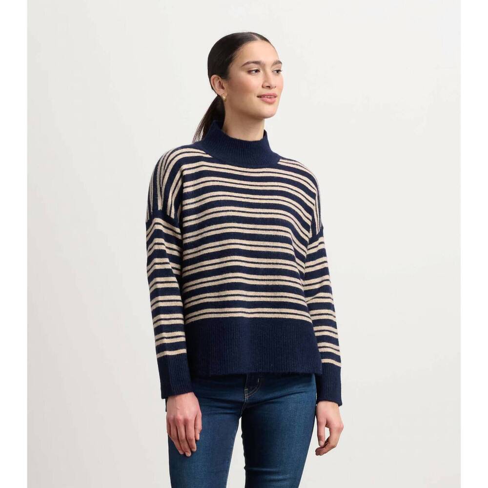 NEW HATLEY mock neck sweater in navy and camel stripe